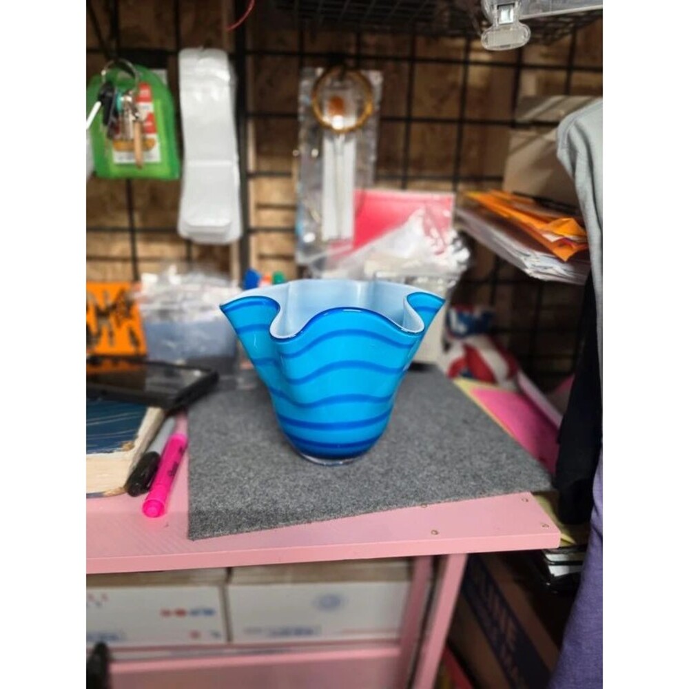 Unique blue glass bowl with ruffle rim